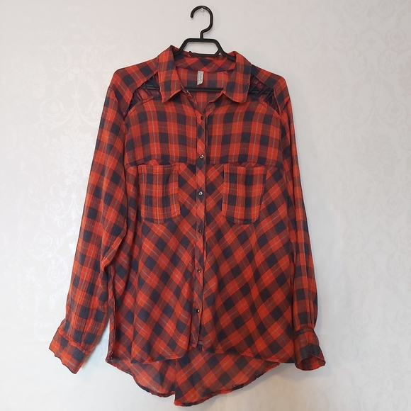 Free People red blue plaid button down cut out